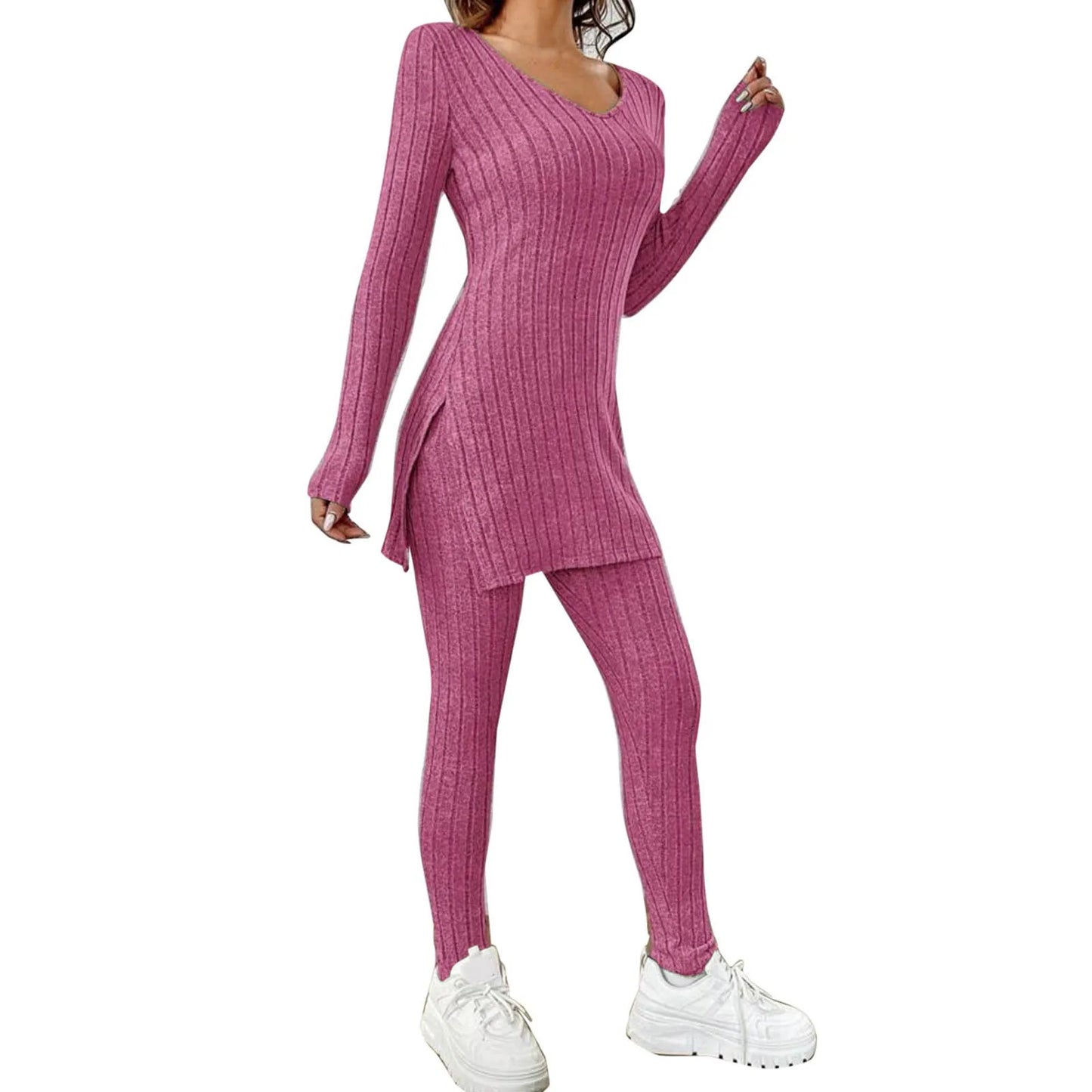 Ribbed Knitted Long Sleeve Women's Tunic Shirt + Leggings 2-Piece Set