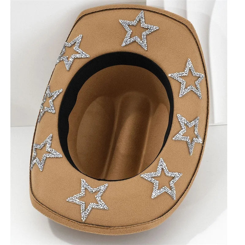 Wide Brim Rhinestone Star Western Fedora Cowgirl Hat
