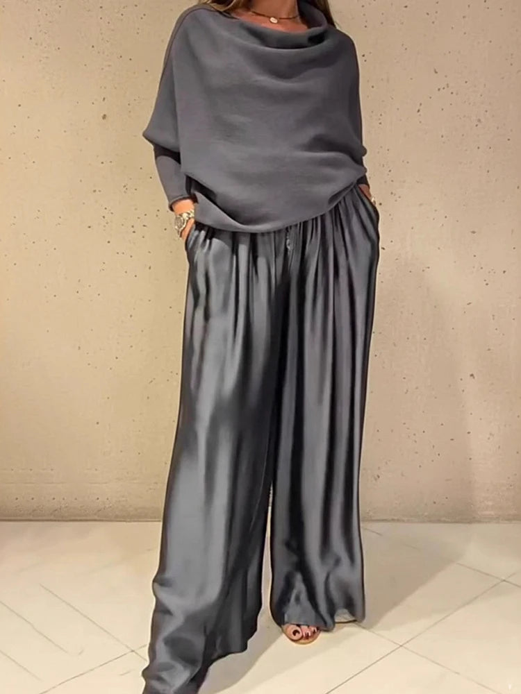 Satin Sleeveless Patchwork Long Sleeve Loose Women's Slash Neck Blouse Top + Wide Leg Pants 2-Piece Set