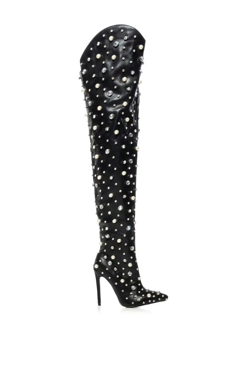 Pearl Embellished Pointed Toe Over-the-Knee Thigh High Boots