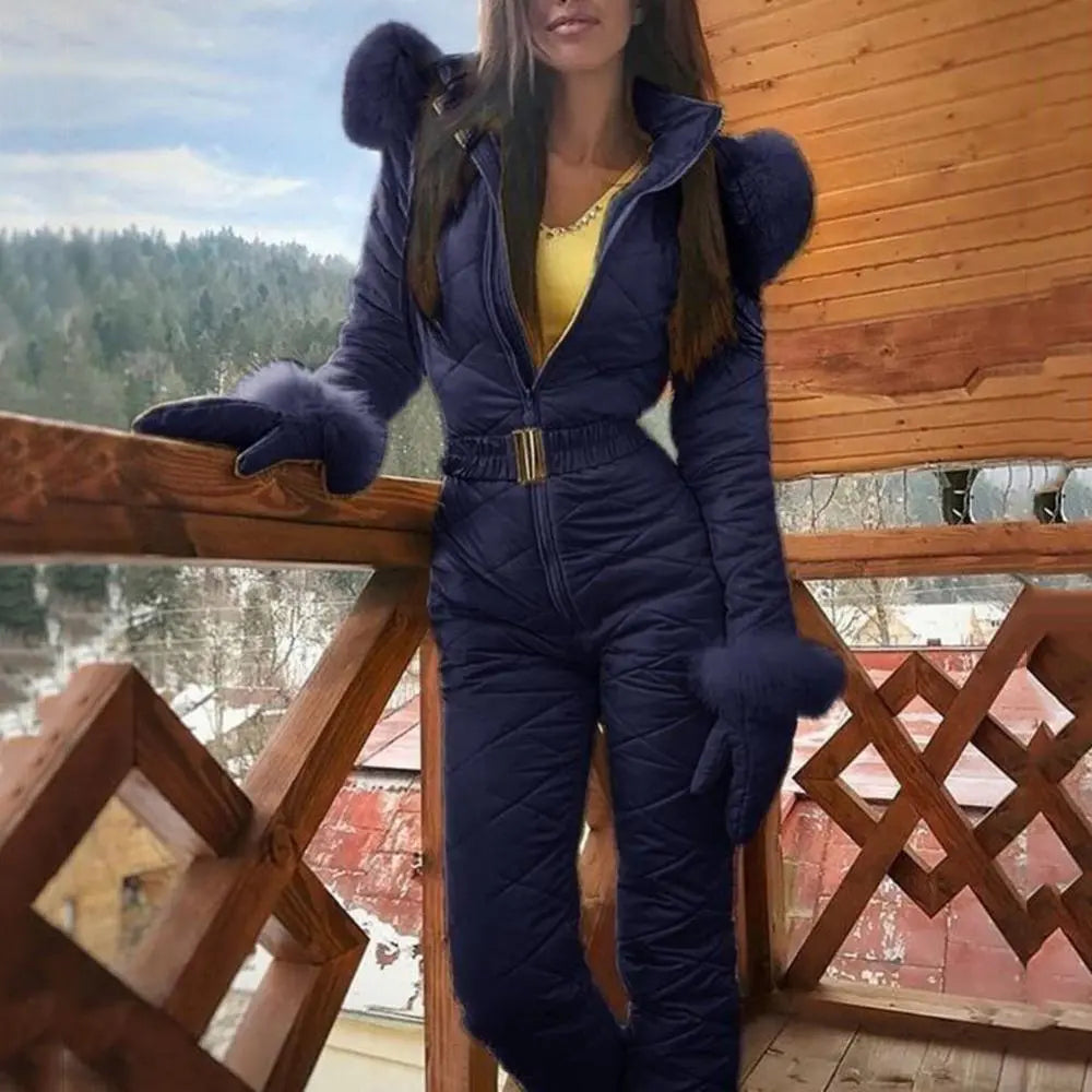 Faux Fur Collar Fleece Zipper Skiing Hooded Women's Jumpsuit