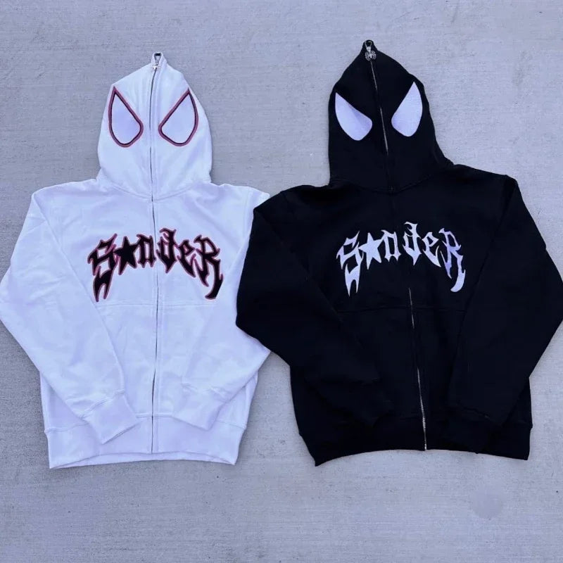 Spider Print Zipper Front Men's Harajuku Loose Hoodie Sweatshirt