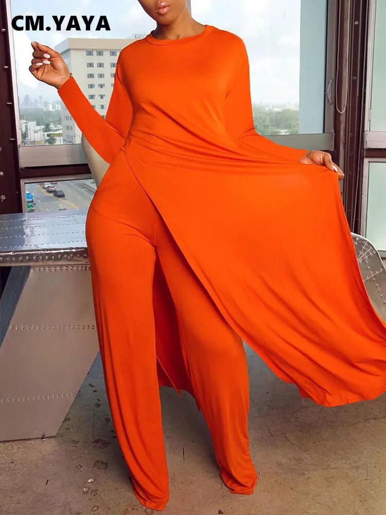 Draped Women's Long Sleeve High Slit Maxi Top + Matching Elastic Waist Pants 2-Piece Set