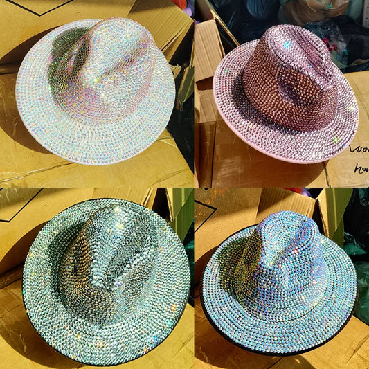 Sparkling Metallic Crystal Rhinestone Diamond Solid  Fedora Hat