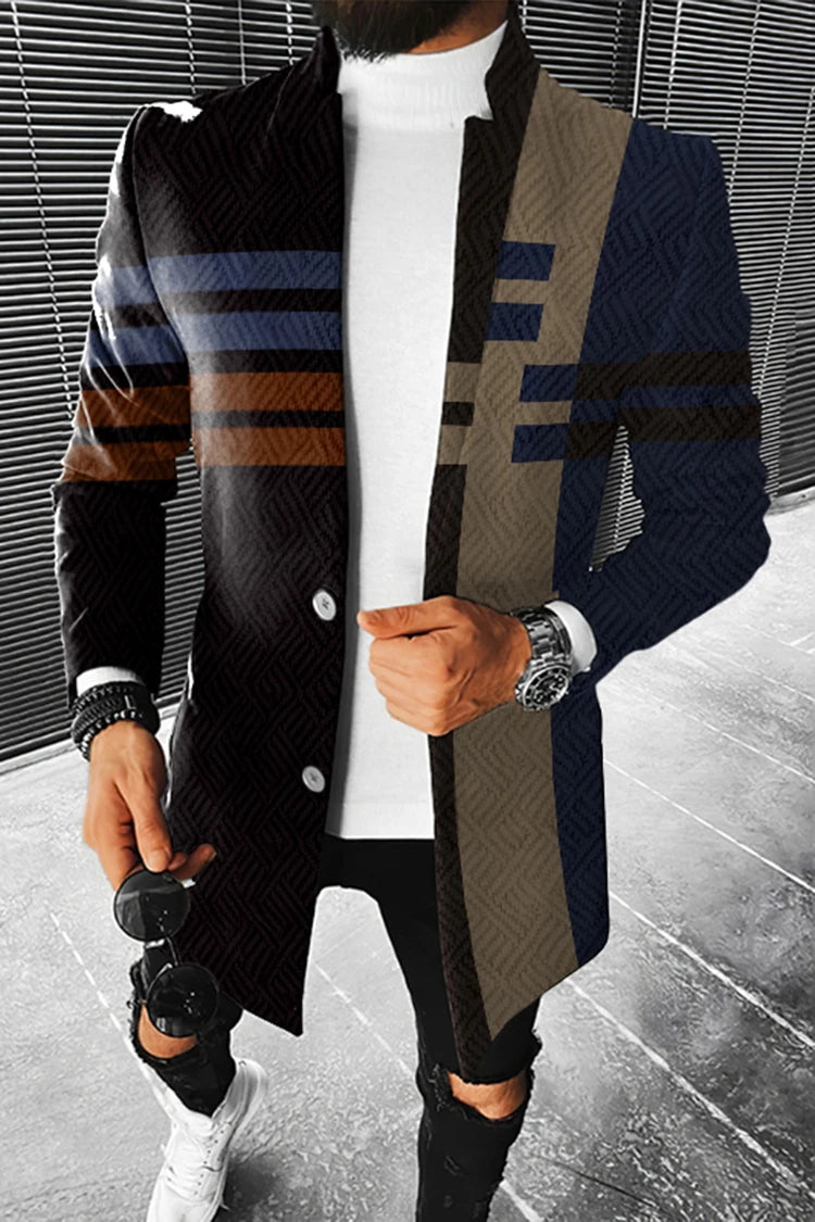 Men's Stand Collar Colorblock/Plaid/Geometric/African 3D Print 3/4 Length Button-Up Jacket 5X Big & Tall