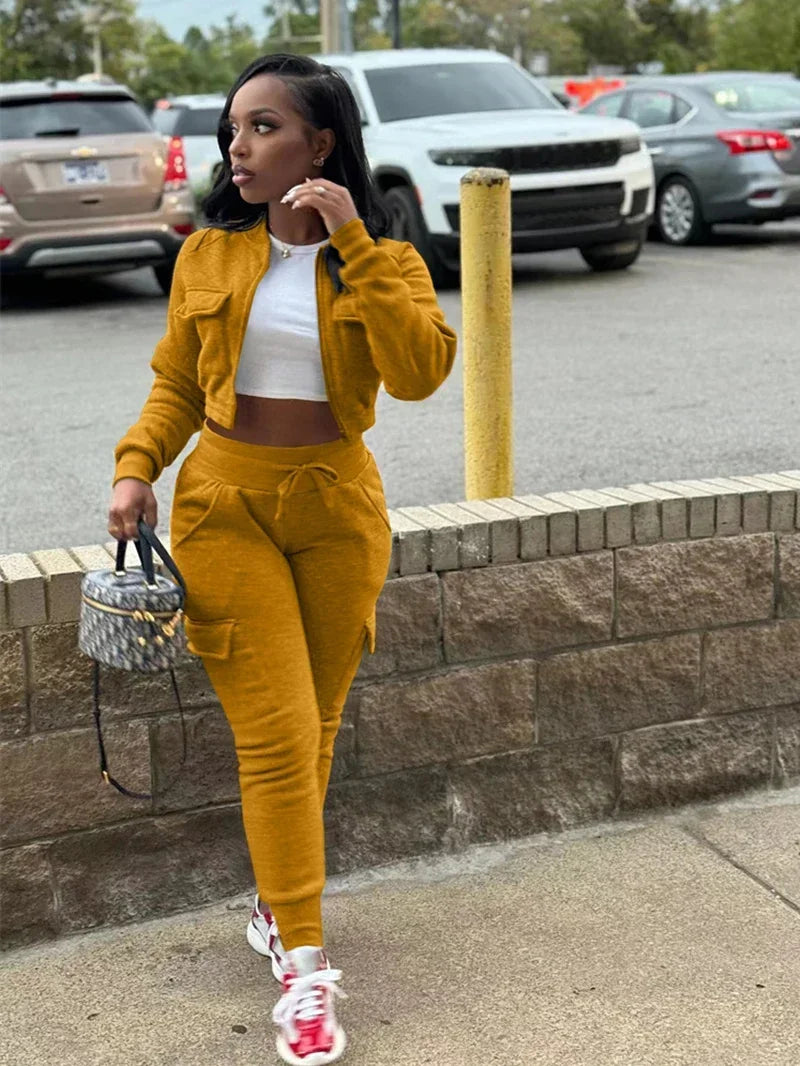 Streetwear Women's Solid Cropped Zipper Jacket + Drawstring Cargo Sweatpants Tracksuit