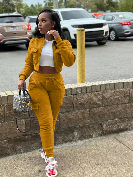 Streetwear Women's Solid Cropped Zipper Jacket + Drawstring Cargo Sweatpants Tracksuit