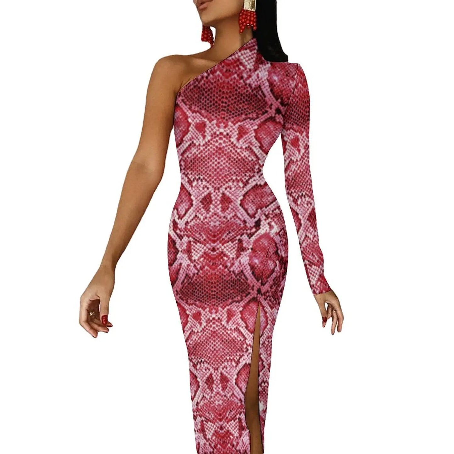 Snake Print/Geometric High Slit One Shoulder Long Sleeve Party Bodycon Maxi Dress