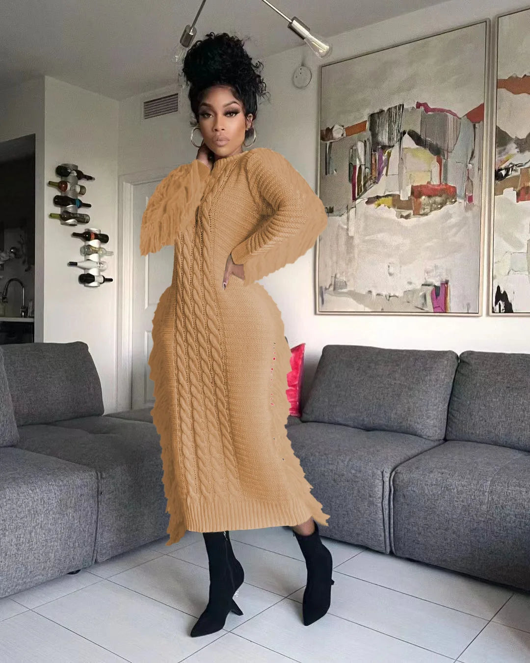 Tassel Knitted Long Sleeve Crochet Loose Long Sleeve Sweater Dress