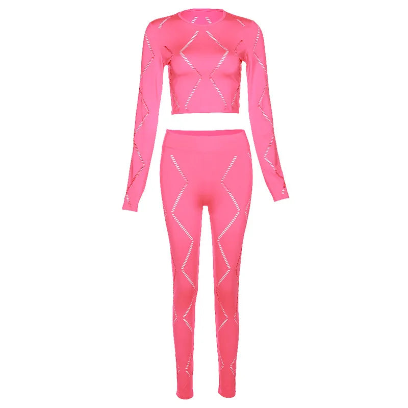Knitted Geometric Pattern Long Sleeve Crop Top + Matching Biker Shorts Women's Solid Color 2-Piece Set