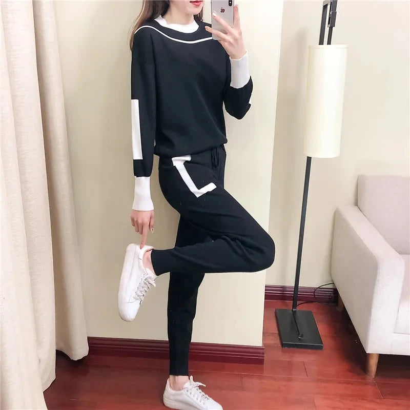 Knitted Long Sleeve Patchwork Pullover Sweater + Matching Pants 2-Piece Set