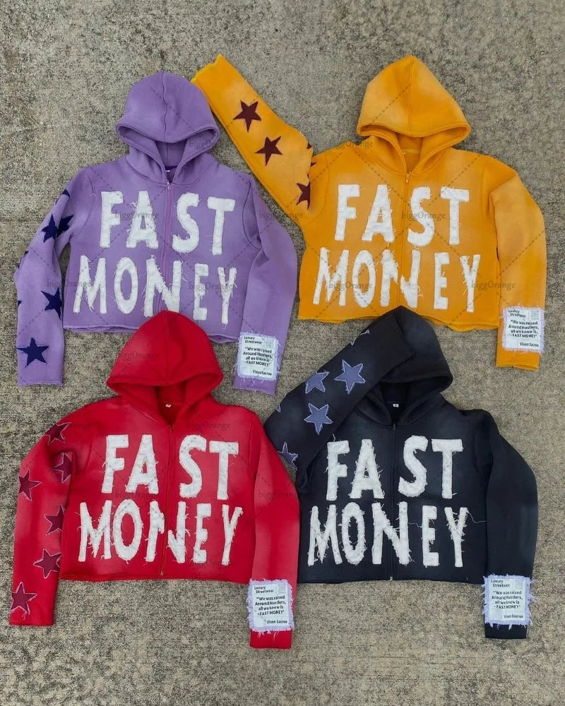 Embroidered #FAST MONEY" Men's Retro Casual Loose Oversized Hip Hop Zipper Hoodie Sweatshirt