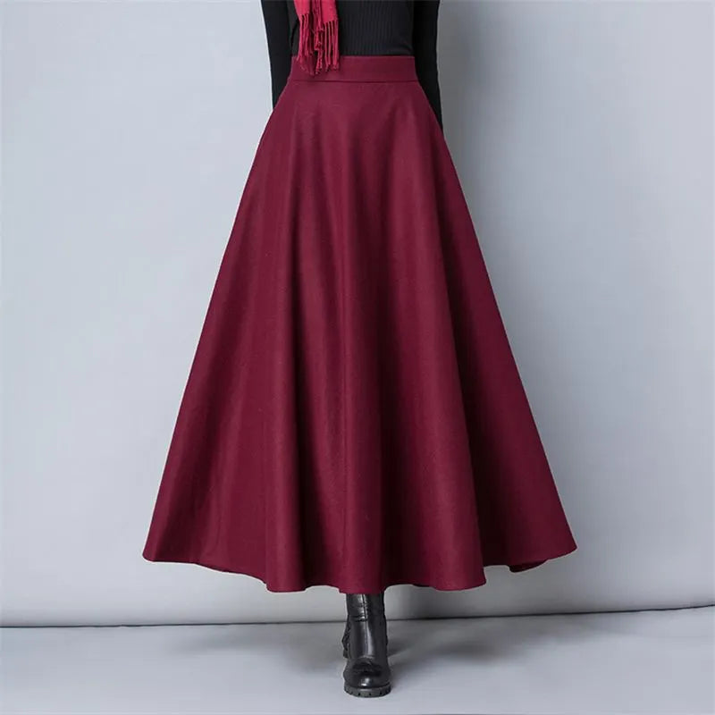 Flared High Waist Solid Wool Elastic A-Line Maxi Skirt