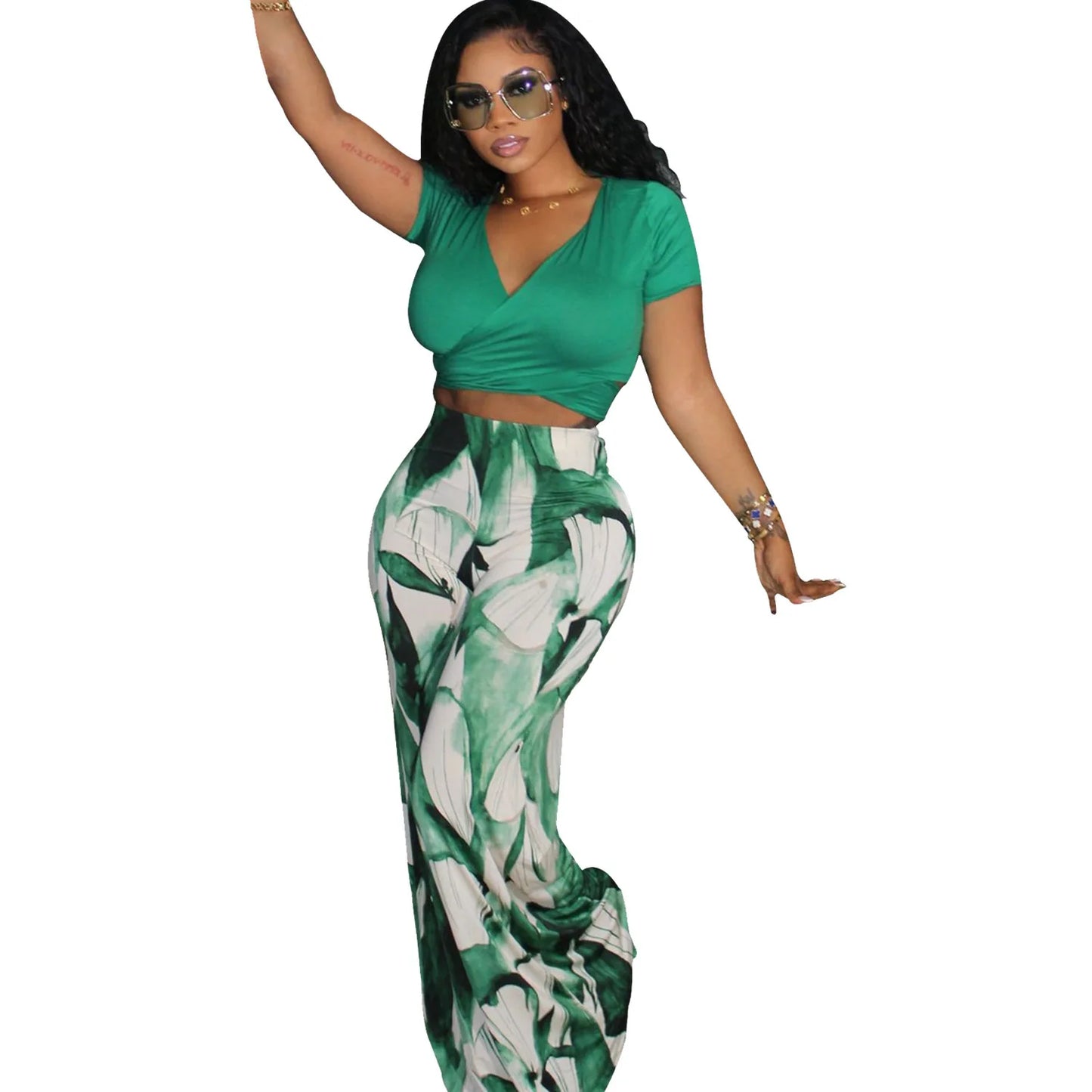 Solid Color Women's V-Neck Short Sleeve Bandage Crop Top + Floral Pants 2-Piece Set