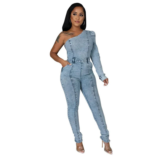 Denim Faded Blue Washed One Long-Sleeve Asymmetrical Women's Jean Jumpsuit