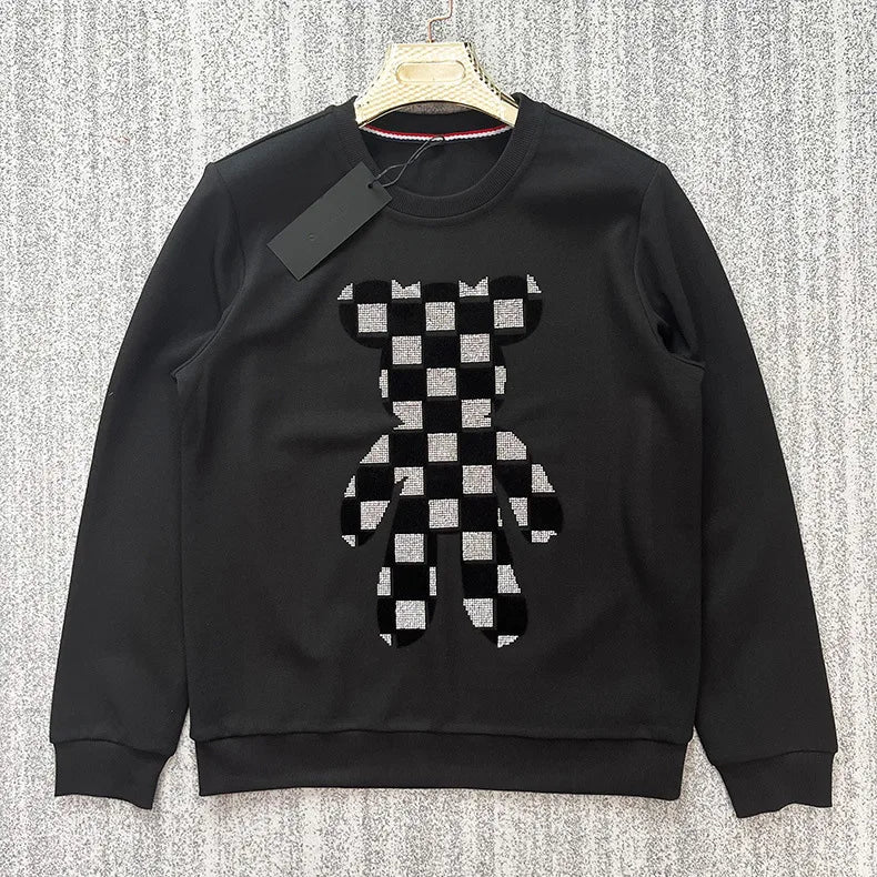 Men's O-Neck Rhinestone Checkered Teddy Bear Streetwear Sweatshirt