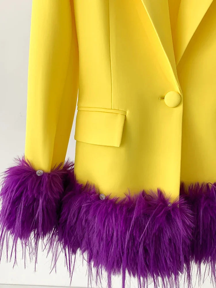 Yellow/Purple Designer Women's Single Button Feather Embellished Notched Collar Pocketed Blazer Jacket