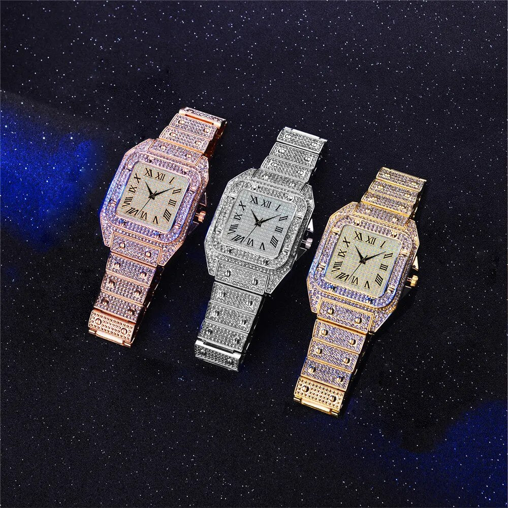 Iced Out Men's Luxury Diamond Square Roman Dial Quartz Watch