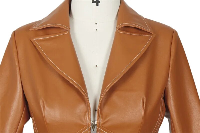 PU Leather Turn-Down Collar Long Sleeve High Waist Zipper Short Corset Jacket