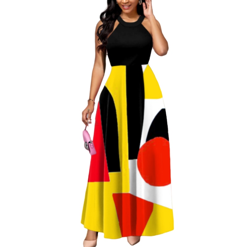 Abstract Geometric Colorblock Printed A-Line Halter Tank Maxi Dress to 5X Plus Size