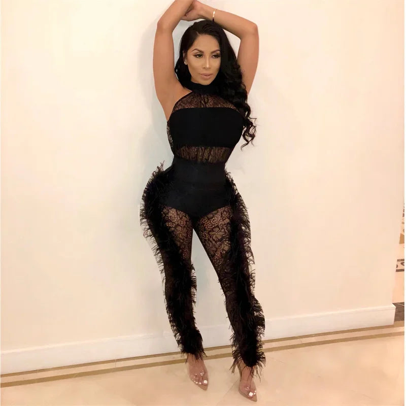 Halter Backless Sleeveless Floral Mesh Transparent Women's Pants Jumpsuit