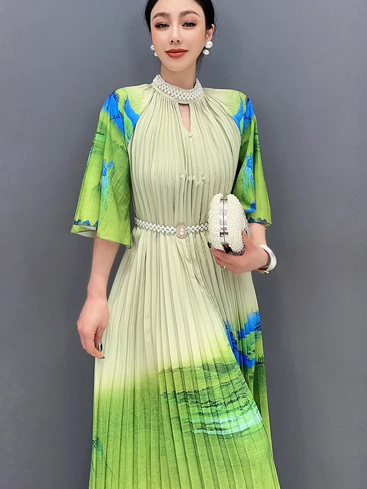 Colorblock Diamond Green Oversized Pleated Short Sleeve Inlaid Maxi Dress