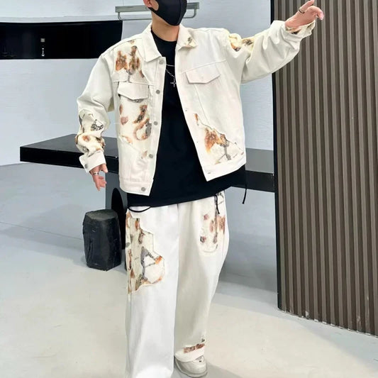 Men's White/Brown Tie-Dye Fire Print Spliced Design Cropped Jean Jacket + Baggy Straight Leg Jeans 2-Piece Set