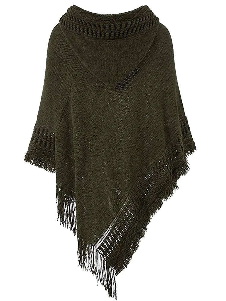 Fringe Tassel Women's Knitted Hooded Crochet Shawl Wrap Sweater