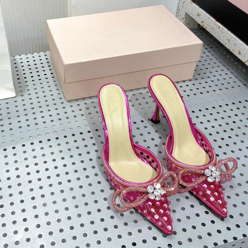 Crystal Butterfly Knot Ankle Strap Women's Pointed Toe Mule Slipper Sandal Pumps