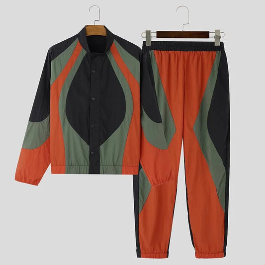 Men's Patchwork Spliced Colorblock Zipper Sports Jacket + Elastic Waist Fitness Sweatpants Tracksuit