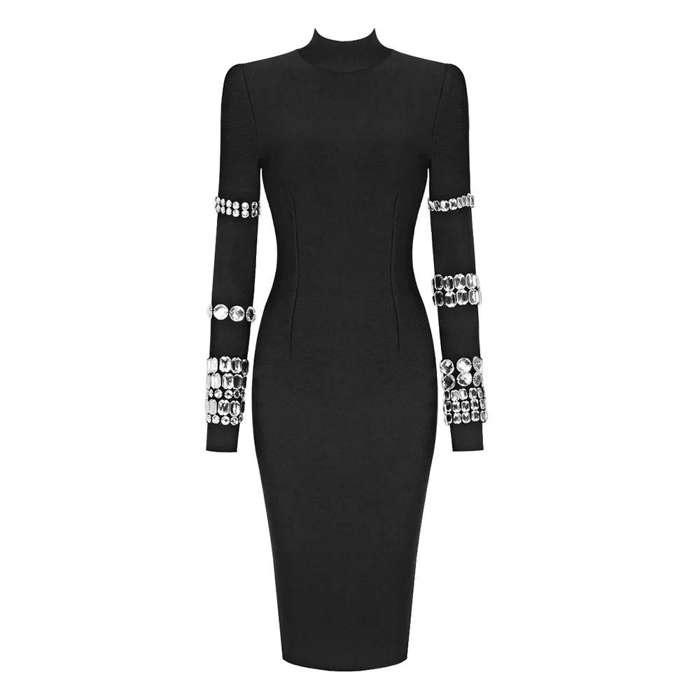 Turtleneck Black Long Rhinestone Sleeve Bandage Dress