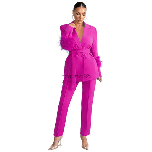 Feather Sleeve Solid Notched Neck Blazer + Zipper Pants Ladies Suit