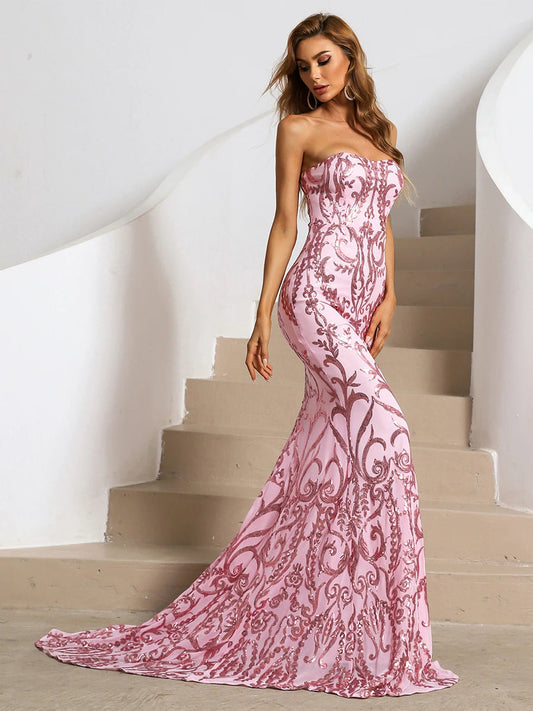 Pink Sequin Strapless Mesh Sleeveless Bodycon Party/Prom Mermaid Formal Tube Maxi Dress