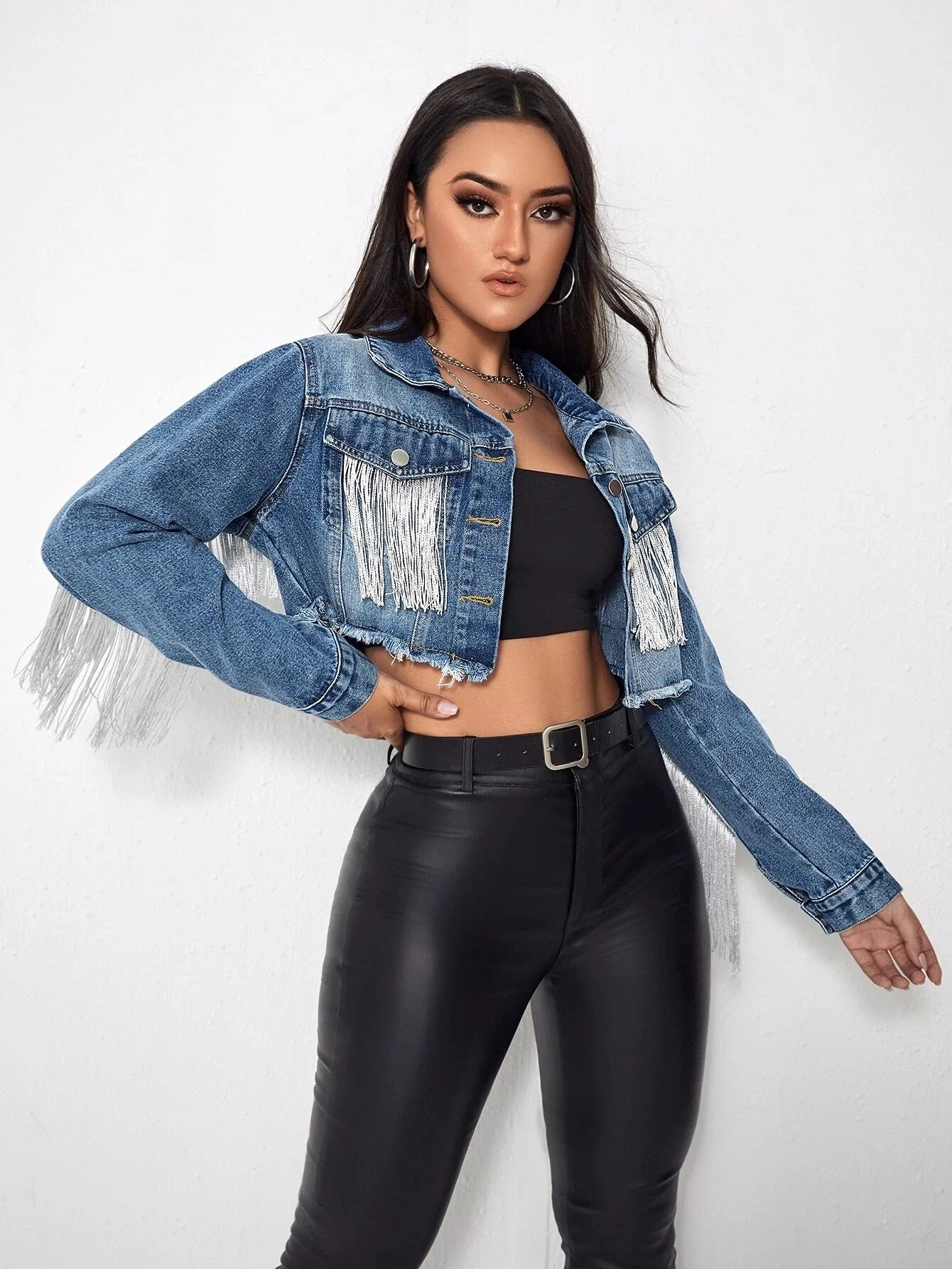 Women's Fringe Jacket Tassel Cropped Denim Jacket Raw Hem Ripped Crop Jean Jackets