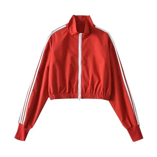 Red/White Turtleneck Women's Striped Sports Zipper Jacket + Side Striped Joggers Tracksuit