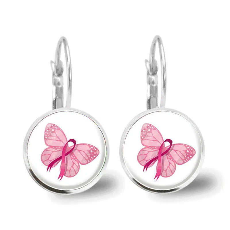 Glass Breast Cancer Awareness Ribbon Pendant Alloy Drop Earrings