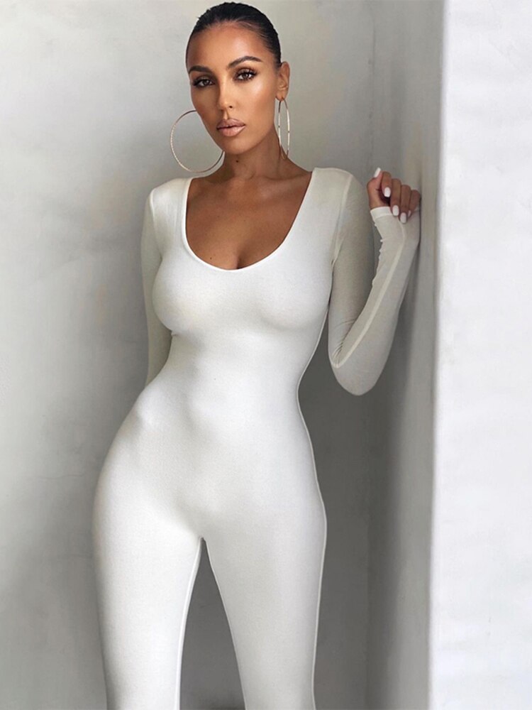 Slash Neck Skinny Solid Long Sleeve Bodycon Jumpsuit