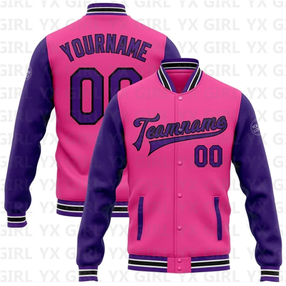 Customized Unisex Personalized Pink White-Kelly Green Letter/Team Name Print Full-Snap Varsity Letterman 2-Tone 3D Baseball Button Bomber Jacket