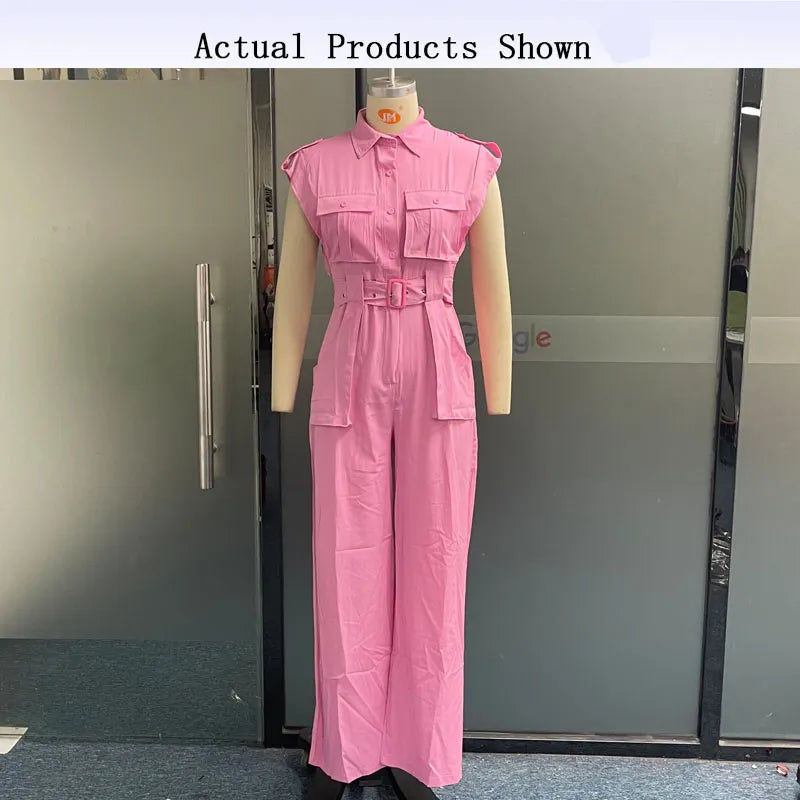 Pink Button Up Short Sleeve Nipped Waist Wide Leg Cargo Jumpsuit w/ Belt