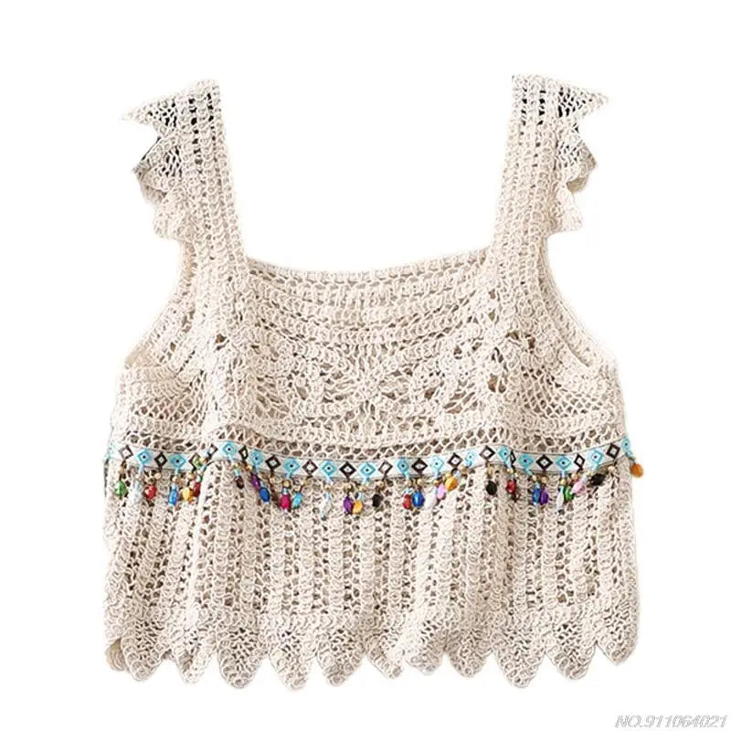 Crochet Multi-Colored Square Flower Design Knitted Square Neck Women's Sleeveless Cropped Tank Top
