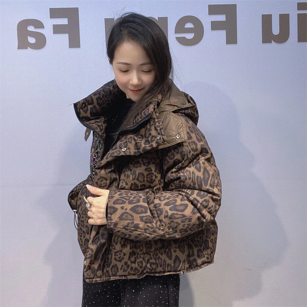 Leopard Rhinestone Hip-Hop Minnie Mouse Print Women's Quilted Cotton Down Hooded Jacket