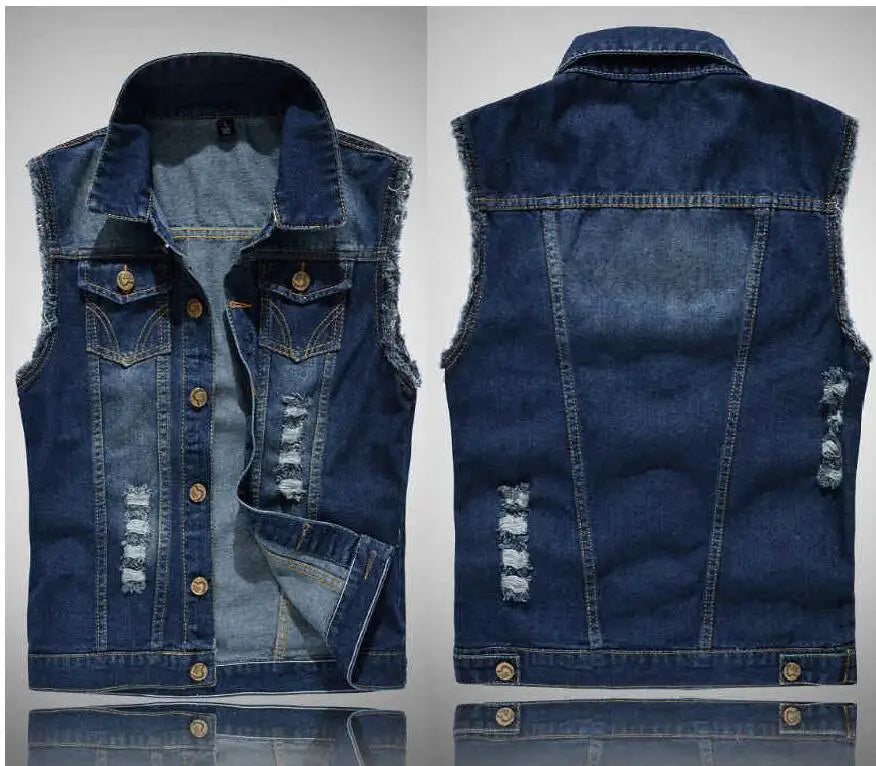 Men Sleeveless Ripped Denim Cowboy Multiple Colors Jean Vests