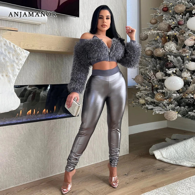 Slash Neck Furry Crop Top + Metallic Faux Leather Leggings 2-Piece Set