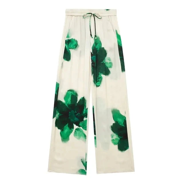 Floral Stain Print Button-Up Blouse + Elastic Waist Wide Leg Pants Women's Casual 2-Piece Sets