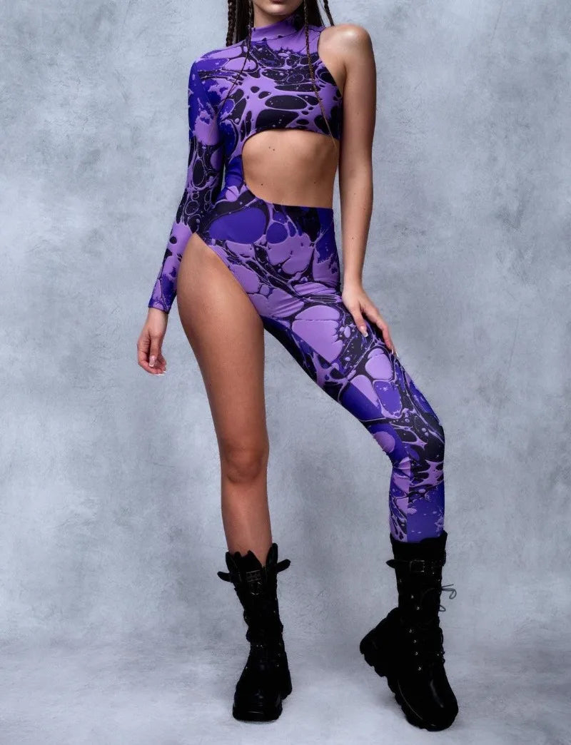 Irregular Asymmetrical One Sleeve Rainbow Geometric Striped Floral Hollow-Out 3D Print One Leg Jumpsuit to 3X Plus Size