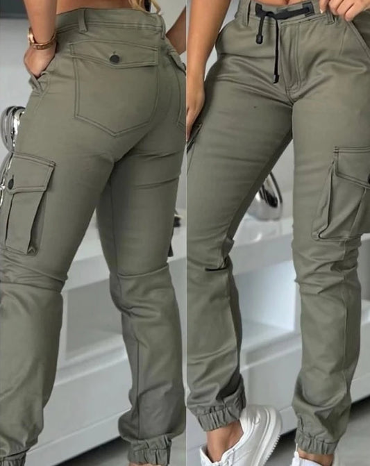 Olive Color Elastic High Waist Women's Multi-Pocket Design Cuffed Cargo Skinny Pants