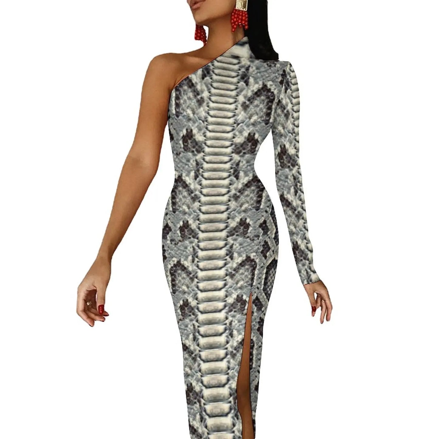 Snake Print/Geometric High Slit One Shoulder Long Sleeve Party Bodycon Maxi Dress