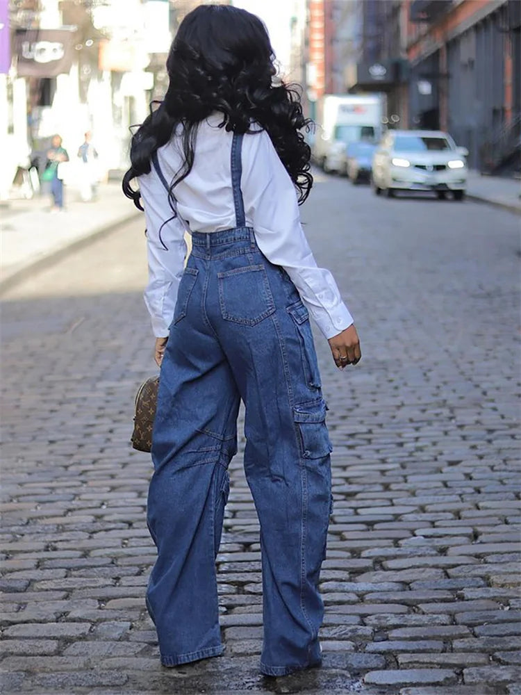 Denim Blue Women's Cargo Multi-Pocket Sleeveless Overall Jean Jumpsuit