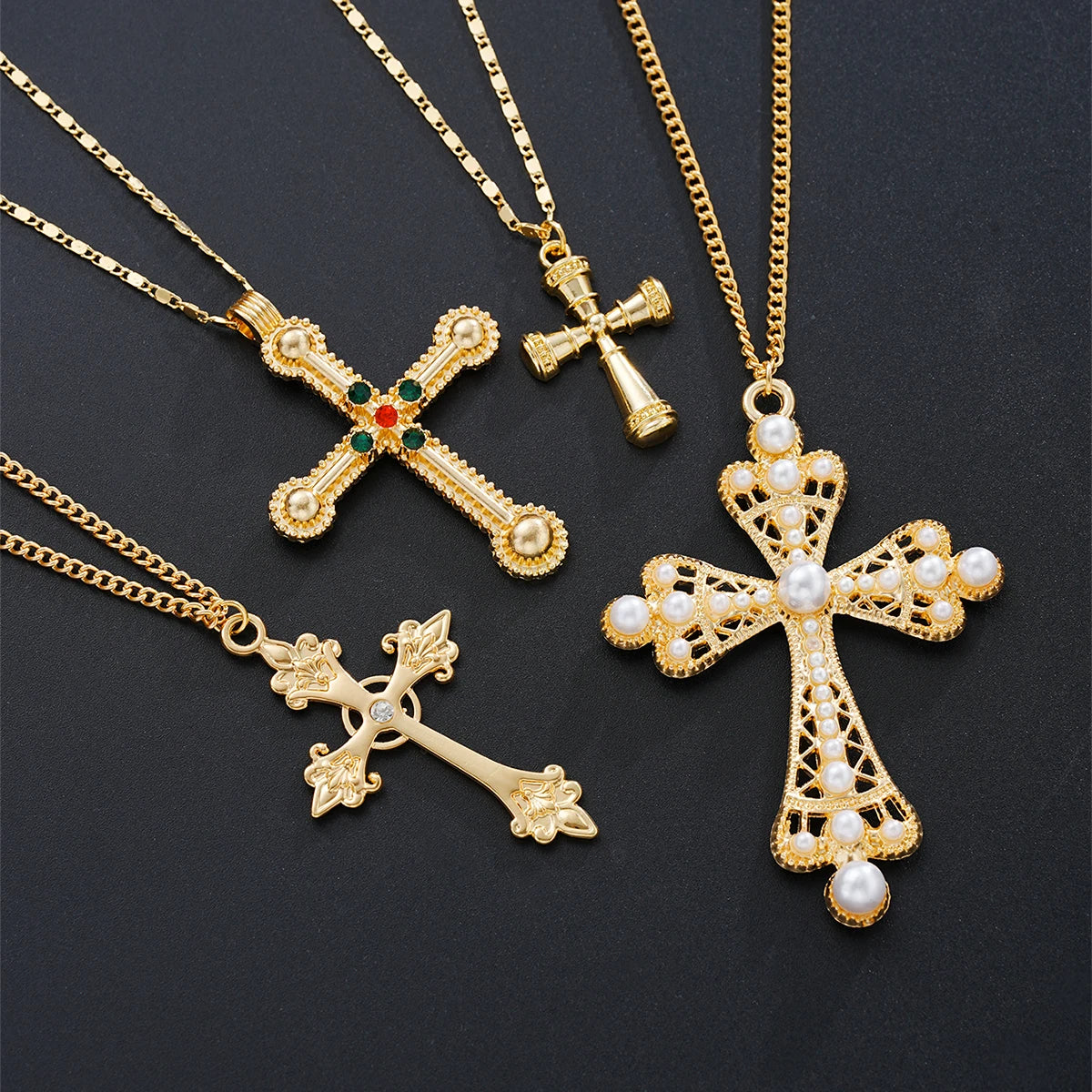 Punk Crystal Cross Pendant Necklace 4-Piece Jewelry Set