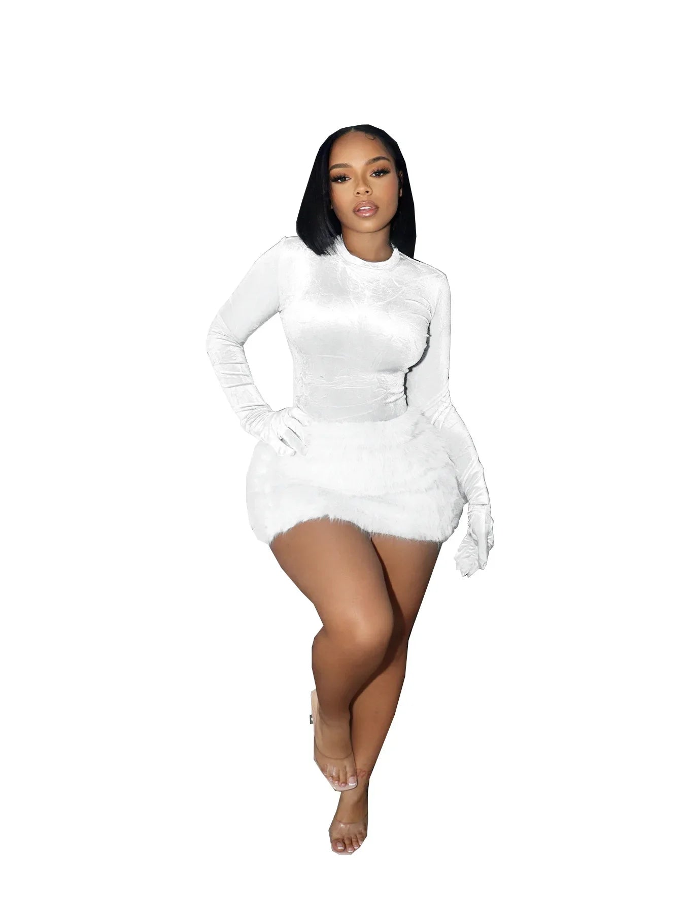Velvet Long Sleeve Solid Color Women's Bodysuit+ Faux Fur Mini Skirt 2-Piece Set